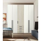 Armadio moderno L.241 a 5 ante e 4 cassetti H.257, finiture Rovere bianco e Ciliegio bianco