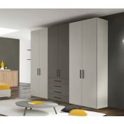 Armadio moderno L.271 a 6 ante e 4 cassetti H.257, finiture Grigio Dorian e Grigio Titanio