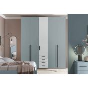 Armadio moderno L.226 a 5 ante e 4 cassetti H.257, finiture Cenere e Grigio Dorian