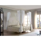 Letto in ferro battuto Sibelius, con baldacchino, colore bianco anticato oro, made in Italy