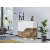 Innovativa Credenza geometrica alta 2 ante, colore Bianco lucido e Pero 