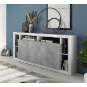 Madia moderna di design a 4 ante, finitura Bianco lucido e cemento