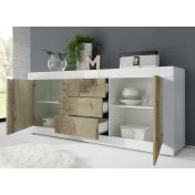 Credenza Moderna, Madia Bianca Lucida con 2 ante e 3 cassetti in finitura Pero