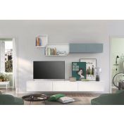 Parete attrezzata sospesa per zona living, rovere bianco e rovere gesso