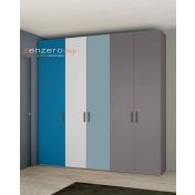 Armadio moderno 5 ante battenti H.257 color Grigio Titanio, Cenere, Bianco Opaco e Blu Egeo