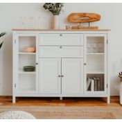 Madia credenza, 2 ante in vetro, 2 ante, 2 cassetti finitura bianco opaco e top in quercia