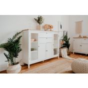 Madia credenza, 2 ante in vetro, 2 ante, 2 cassetti finitura bianco opaco e top in quercia