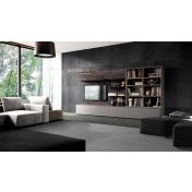 Parete attrezzata made in Italy con libreria in finitura Grigio cenere, Nero e Legno bruciato