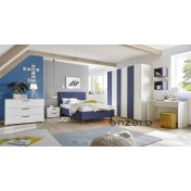 Cameretta moderna con letto imbottito e armadio vertigo blu H.230