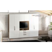 Armadio moderno 6 ante 3 cassetti con vano porta TV, Rovere samoa e Bianco frassino