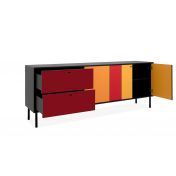 Madia credenza colorata, in finitura rossa e gialla con tre ante e due cassetti