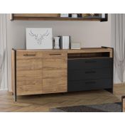 Credenza Rovere waterford e nero, 2 ante, 3 cassetti e vano a giorno