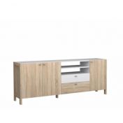 Mobile credenza con 3 ante, 2 cassetti e vano a giorno, Rovere sonoma e Bianco