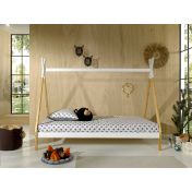 Letto singolo montessoriano per camerette, design tenda indiana, Pino naturale e Bianco laccato