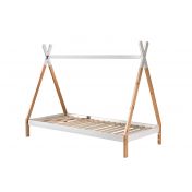 Letto singolo montessoriano per camerette, design tenda indiana, Pino naturale e Bianco laccato