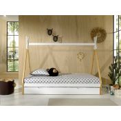 Letto singolo montessoriano per camerette, design tenda indiana, Pino naturale e Bianco laccato