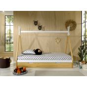 Letto singolo montessoriano per camerette, design tenda indiana, Pino naturale e Bianco laccato