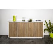 Credenza in appoggio in finitura bianco lucido e noce caracalla