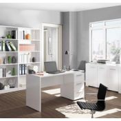Ufficio moderno composto da 2 librerie, scrivania e madia, Bianco Lucido