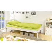 Letto in legno massello, laccato naturale, con aste colore argento