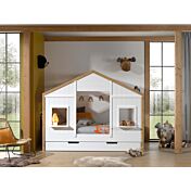 Letto casetta per bambini, Bianco e Pino naturale, modello montessoriano