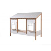 Letto montessoriano casetta con finestre, bianco laccato e rovere