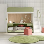 Letto con scrivania a castello, finitura Cemento artico, Oliva e Royal oak