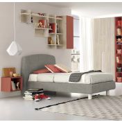 Letto imbottito singolo con piedini bianchi, finitura tessuto Grey