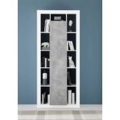Soggiorno Bianco Lucido e cemento composto da consolle allungabile, specchio, madia 3 ante e libreria 
