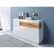 Credenza moderna 3 ante e 1 cassetto, bianco lucido e rovere naturale