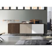 Credenza Moderna, Madia di Design con piedini in vetro, 3 ante, Teak, Bianco e fango