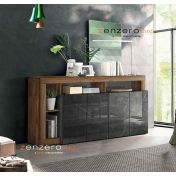 Credenza Madia a 4 ante con un ripiano in finitura Marmo Lucido Nero e Noce Dark