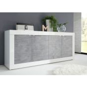 Madie, credenza moderna a 4 ante, Bianco Lucido e Beton