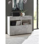 Credenza Madia moderna, 1 anta ribalta 1 cassetto, finitura Bianco laccato lucido e Beton