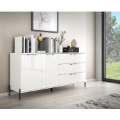 Credenza 2 ante 3 cassetti con piedini, finitura Bianco lucido e opaco