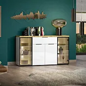 Madia moderna, colore Bianco lucido e Rovere chiaro con luci led