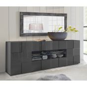 Credenza Moderna, Madia di Design, 2 ante e 4 cassetti, Grigio Lucido