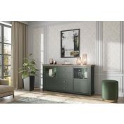 Credenza 2 ante e 4 cassetti, finitura verde scuro e quercia