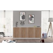 Credenza in appoggio in finitura bianco lucido e noce caracalla