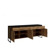 Credenza 4 ante 2 cassetti legno invecchiato e metallo nero 