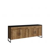 Credenza 4 ante 2 cassetti legno invecchiato e metallo nero 