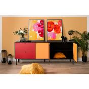 Madia credenza colorata, in finitura rossa e gialla con tre ante e due cassetti