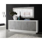 Credenza mobile moderna, 4 ante, Bianco Opaco con frontali Beton