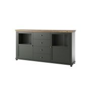 Credenza 2 ante e 4 cassetti, finitura verde scuro e quercia