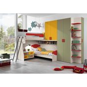 Cameretta con soppalco Denise, moderna e di design, finitura Betulla, Giallo, Salvia e Rosso