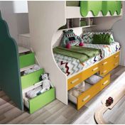 Letto a soppalco offerta: letto Megan in finitura betulla, giallo, verde prato e petrolio