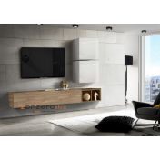 Parete soggiorno moderna, Rovere stelvio, miele e cubi bianchi lucidi
