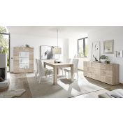 Sala completa di tavolo, madia 3 ante e vetrina in rovere serigrafato