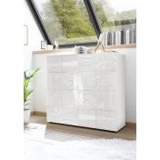 Sala completa di base porta tv, madia e vetrina in bianco laccato lucido serigrafato