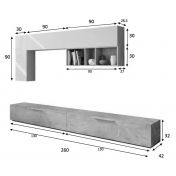 Soggiorno Zenzero, parete attrezzata moderna con doppia base porta TV e pensili a muro, cemento e bianco artik